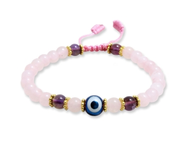 Evil Eye Schutz Armband mit Rosenquarz Perlen