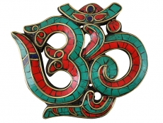 Om Symbol Holz mit Türkis, Koralle und Lapislazuli Inlay 12 cm