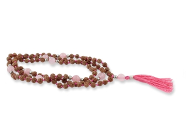 Rudraksha Rosenquarz Mala mit 107 Perlen 5 mm