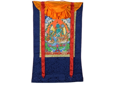 Grüne Tara Thangka Rollbild mit Brokatrahmen