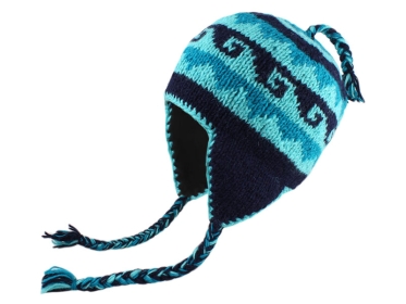 Nepal Mütze mit Zopf Ohrwärmer und Fleecefutter hellblau