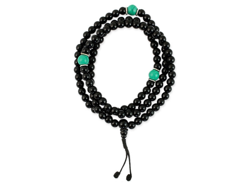 Schwarze Onyx Mala Gebetskette mit Türkis Perlen