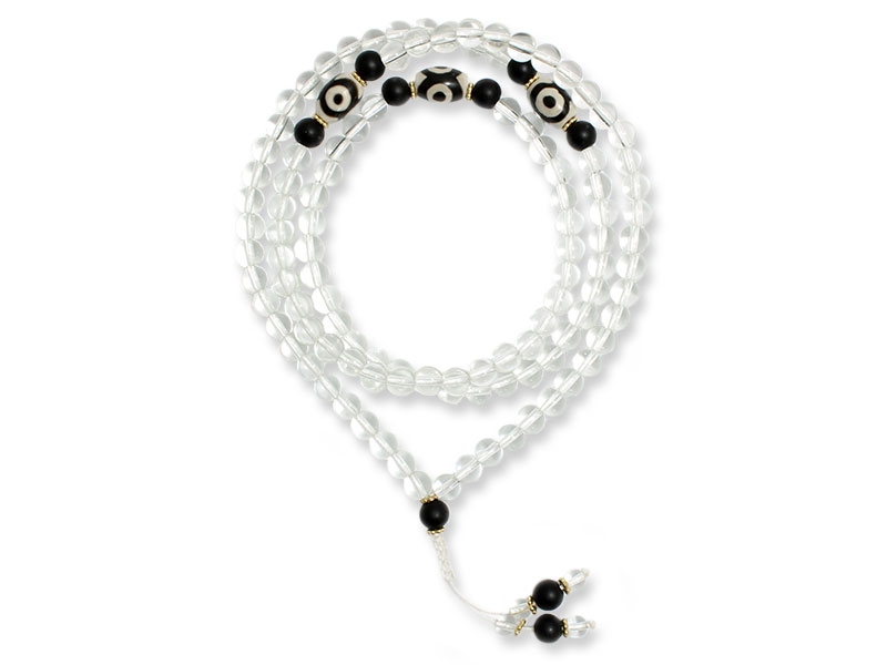Bergkristall Mala Gebetskette mit Onyx und Dzi-Stein