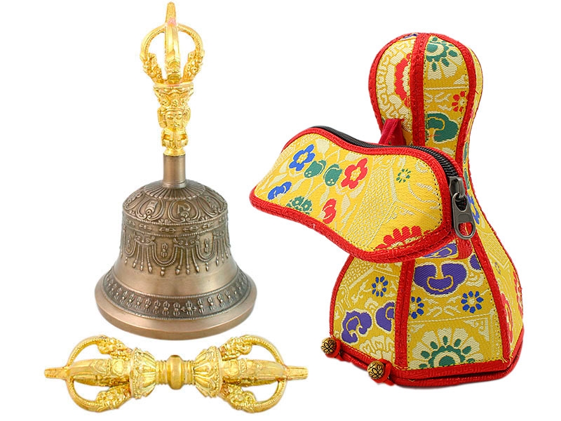 Tibetisches Ghanta Vajra Set fünf-zackig mit Brokathülle