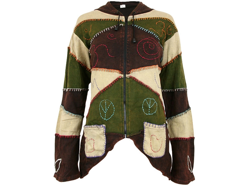 Hippie Goa Patchwork Jacke mit Zipfelkaputze