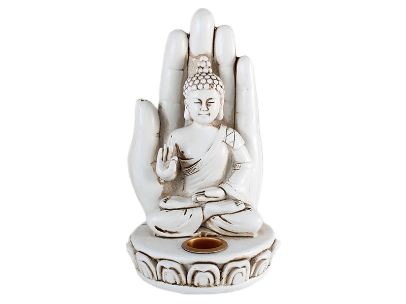 Räucherkegelhalter Buddha mit Hand weiß