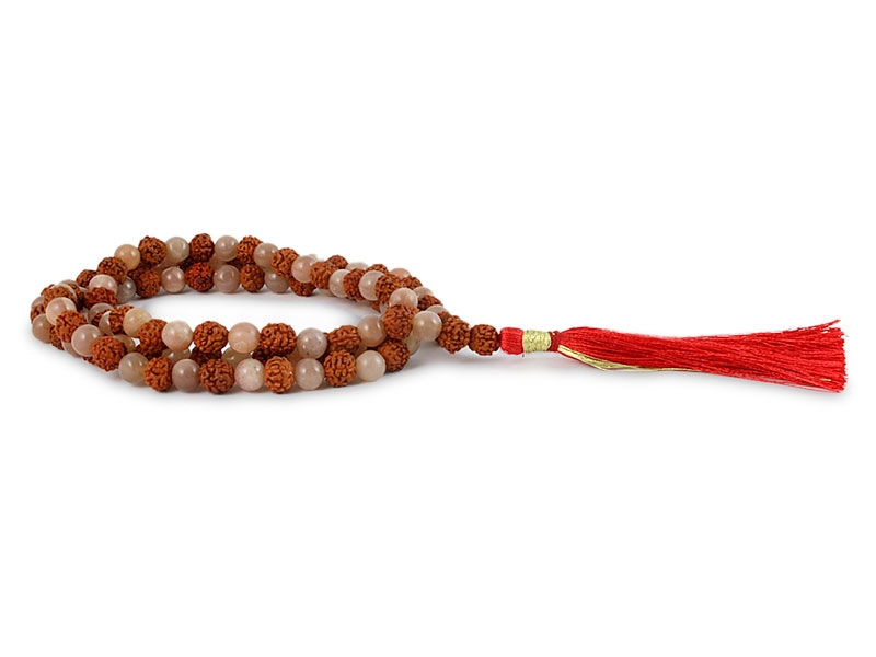 Rudraksha Pfirsich-Mondstein Mala mit 108 Perlen 6 mm