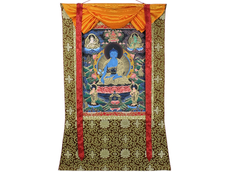 Medizin Buddha Thangka mit edlem Brokatrahmen