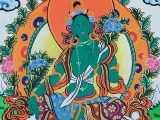 Grüne Tara Thangka Rollbild mit Brokatrahmen